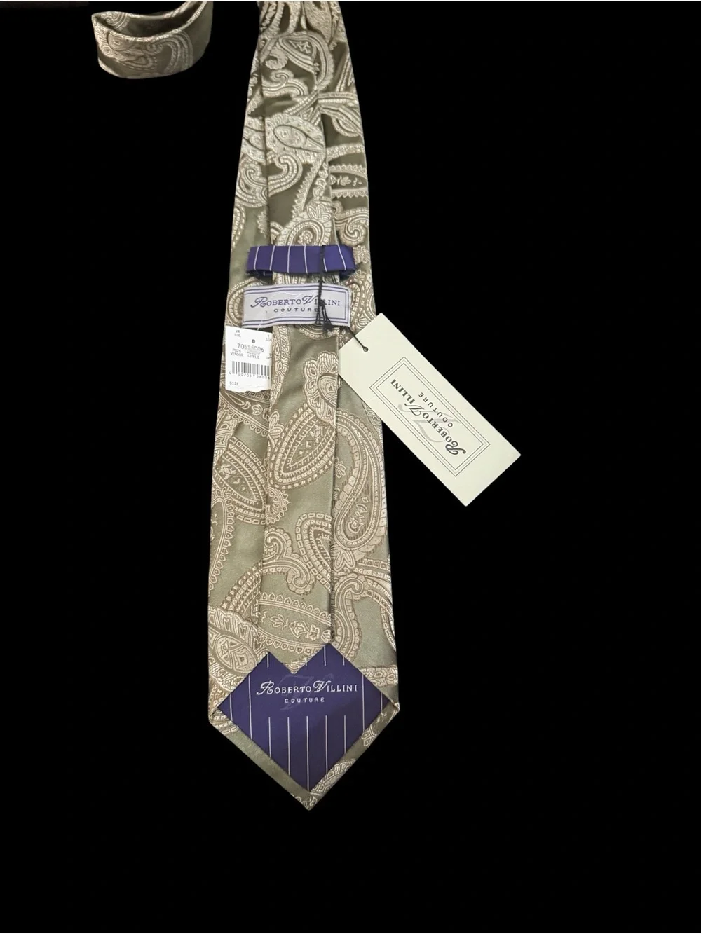 Roberto Vellini Handmade Seven Fold Silk Tie. New With Tags Olive Green Paisley